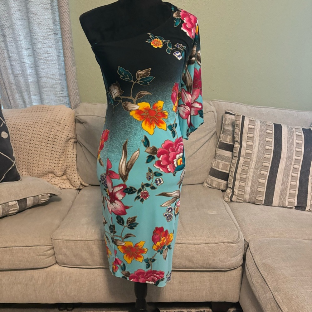 Cache One-Shoulder Teal Floral Dress with Black Ombre